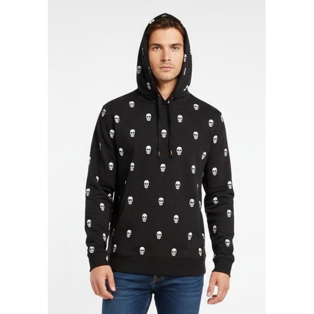 Denim & Flowers Ricky Singh Black White Skull Print Graphic Hoodie Top